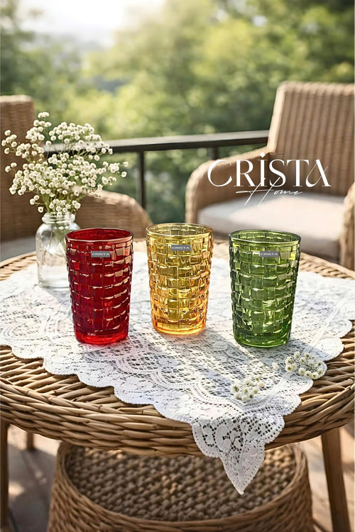 SET OF 6 TALL CHECKERED GLASS TUMBLERS – MIX COLORS (350 ML)